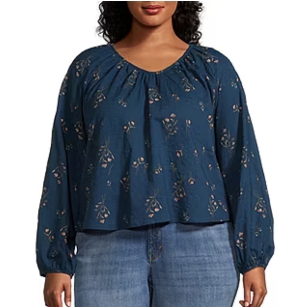 A.n.a. V Neck Long Sleeve Blouse. Cotton Rayon. Dark Blue Floral Size M #1104